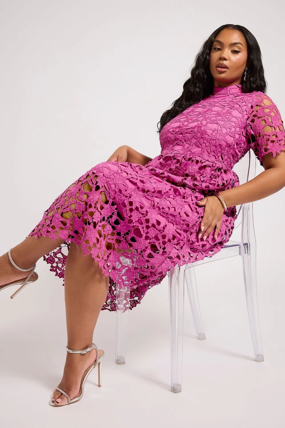 Yours London Curve Magenta Pink Lace Crochet Midi Dress - 26-28 Image 2