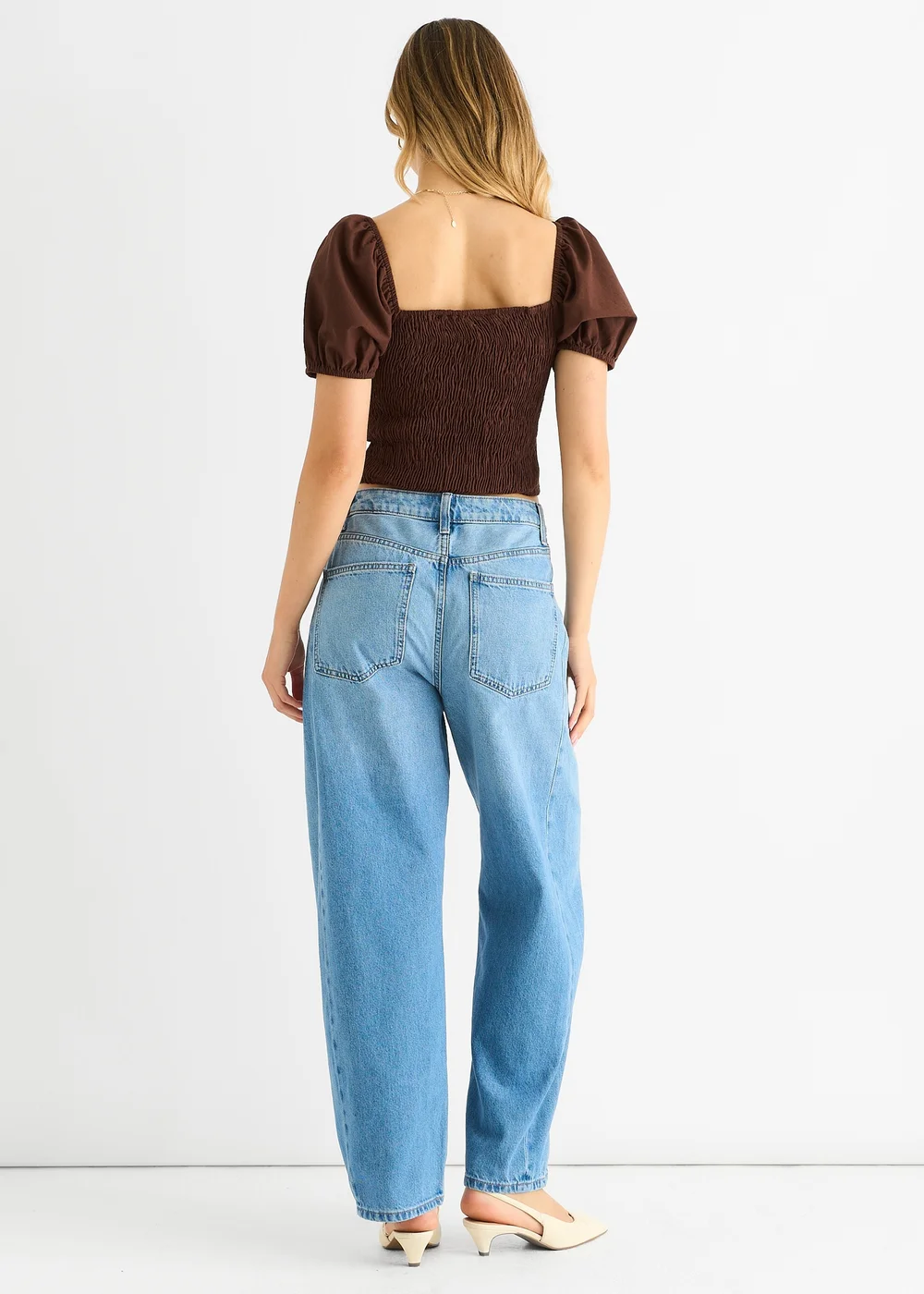 Gini London Brown Puff Sleeve Shirred Cotton Top - 10 Image 2