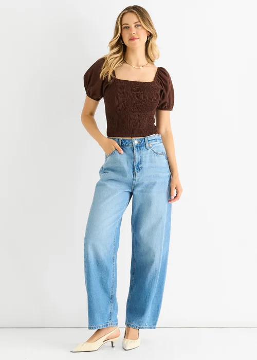 Gini London Brown Puff Sleeve Shirred Cotton Top - 10 Image 1