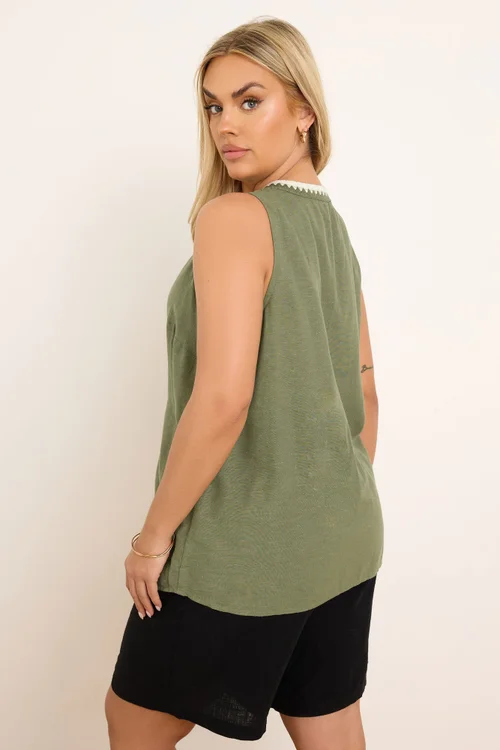 Yours Curve Khaki Green Blanket Stitch Linen Vest Top - Size 14 Image 3