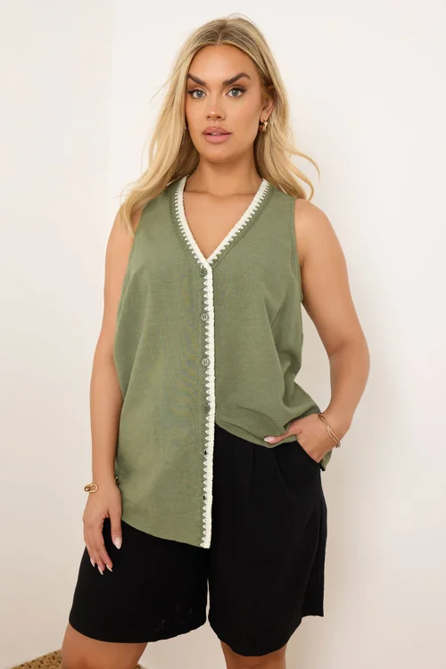 Yours Curve Khaki Green Blanket Stitch Linen Vest Top - Size 14 Image 1