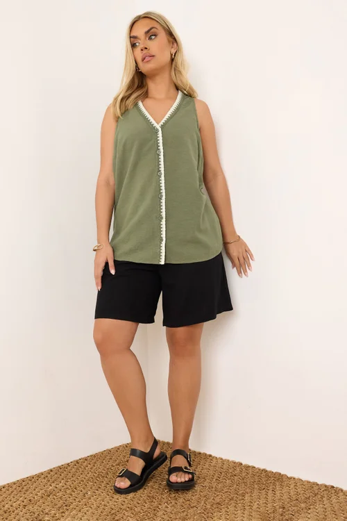 Yours Curve Khaki Green Blanket Stitch Linen Vest Top - Size 14 Image 2
