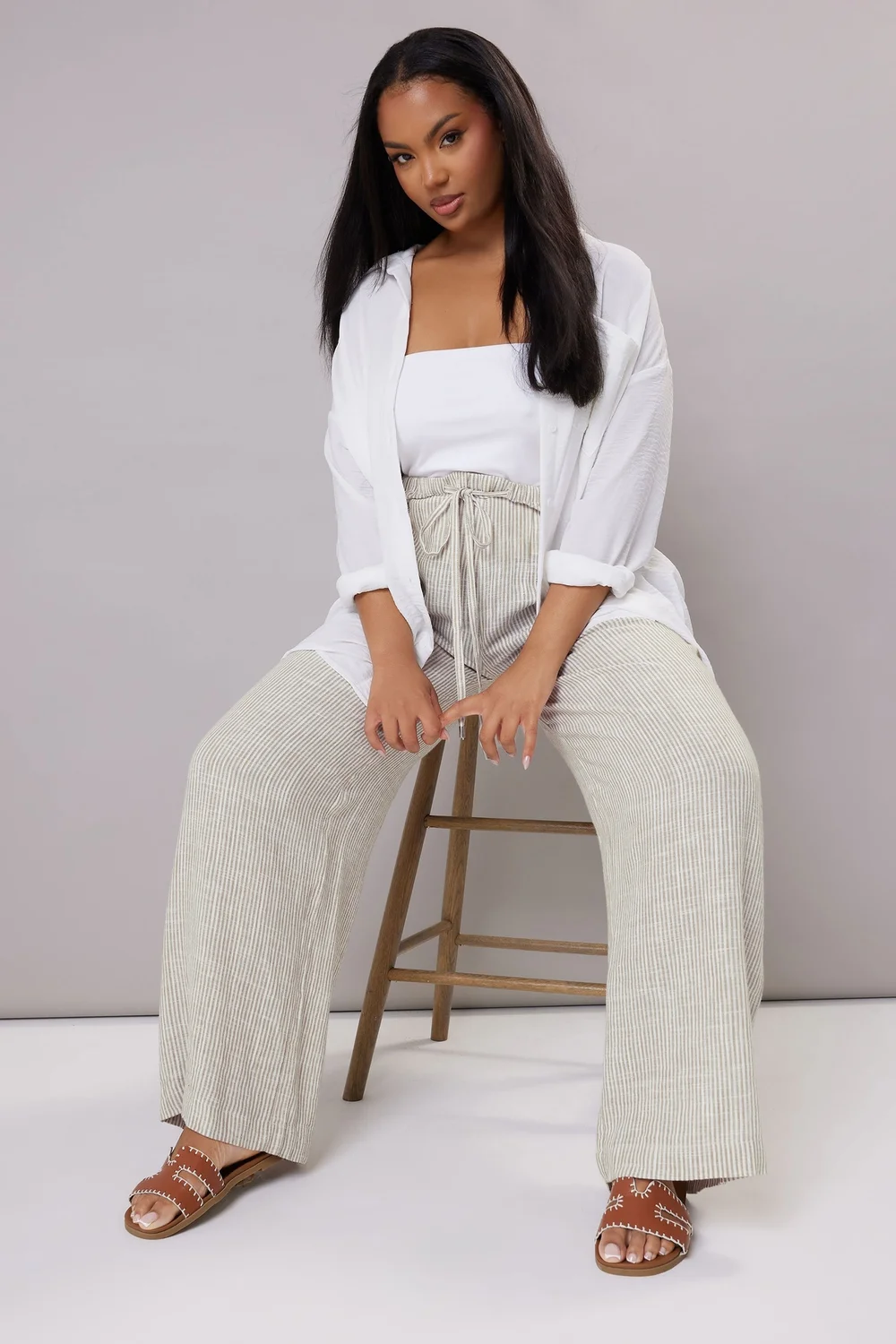 Yours Curve White Striped Linen Tie Front Trousers - 26-28 Image 2