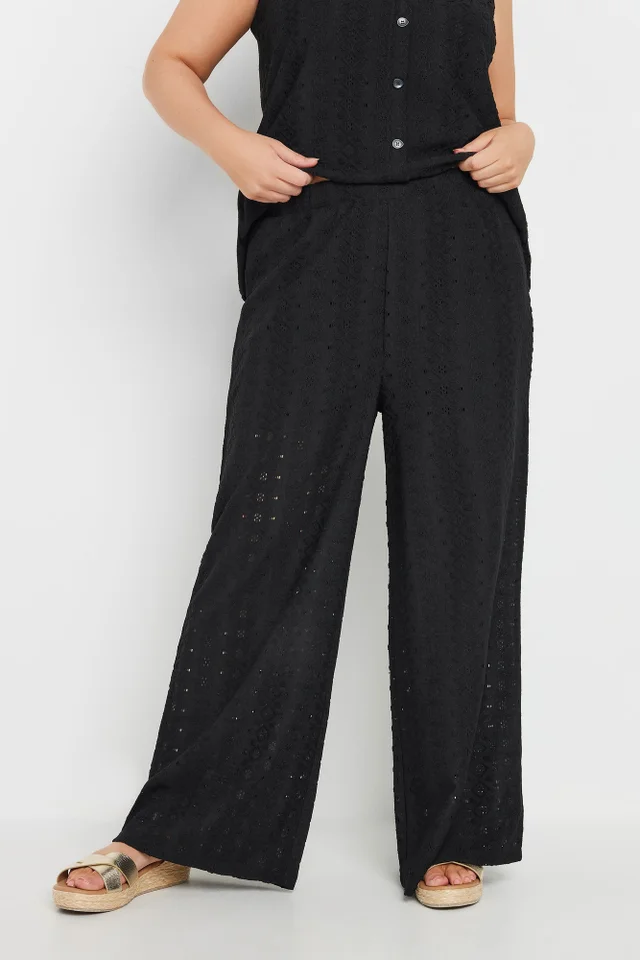Yours Curve Black Broderie Anglaise Wide Leg Trousers
