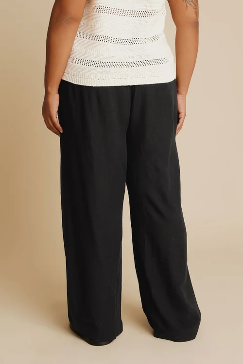 Yours Curve Black Linen Wide Leg Trousers - 26-28 Image 3