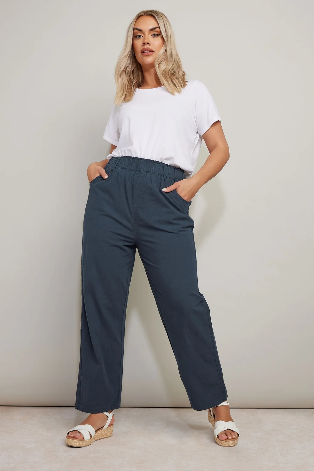 Yours Curve Navy Blue Cool Cotton Wide Leg Trousers - 30-32/L30 Image 2