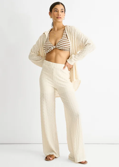 Gini London Beige Textured Elasticated Waist Flared Trousers - L/XL Image 4