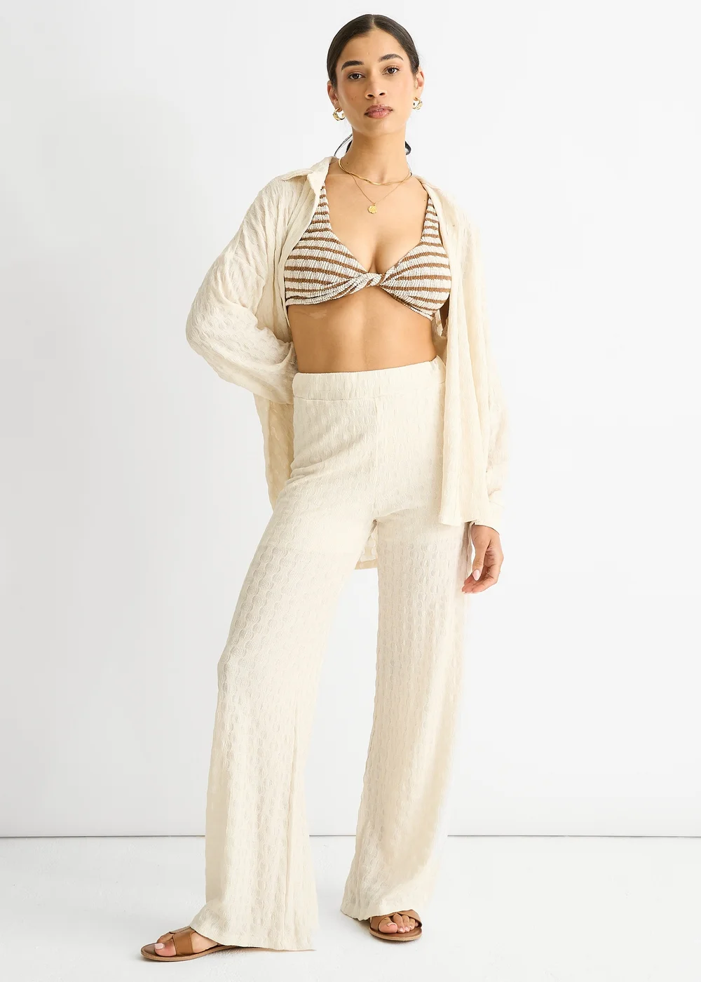 Gini London Beige Textured Elasticated Waist Flared Trousers - L/XL Image 1