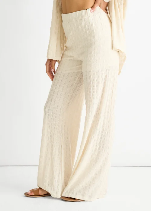 Gini London Beige Textured Elasticated Waist Flared Trousers - L/XL Image 3