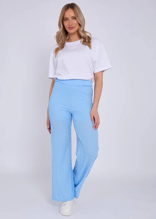 Gini London Sky Blue Textured Elasticated Waist Flared Trousers - L/XL Image 1