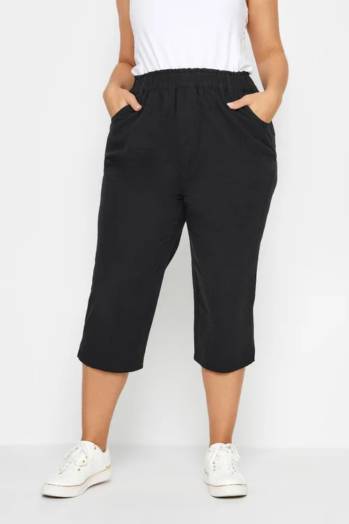Yours Curve Black Elasticated Cool Cotton Cropped Trousers - 20 Image 1
