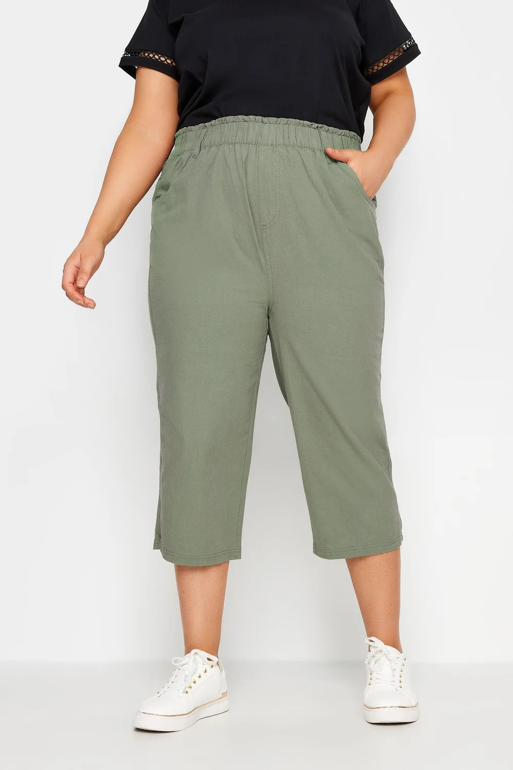 Yours Curve Green Khaki Cool Cotton Cropped Trousers - 34-36 Image 1