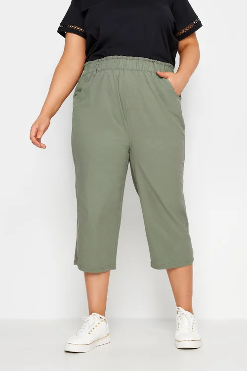 Yours Curve Green Khaki Cool Cotton Cropped Trousers - 34-36 Image 1