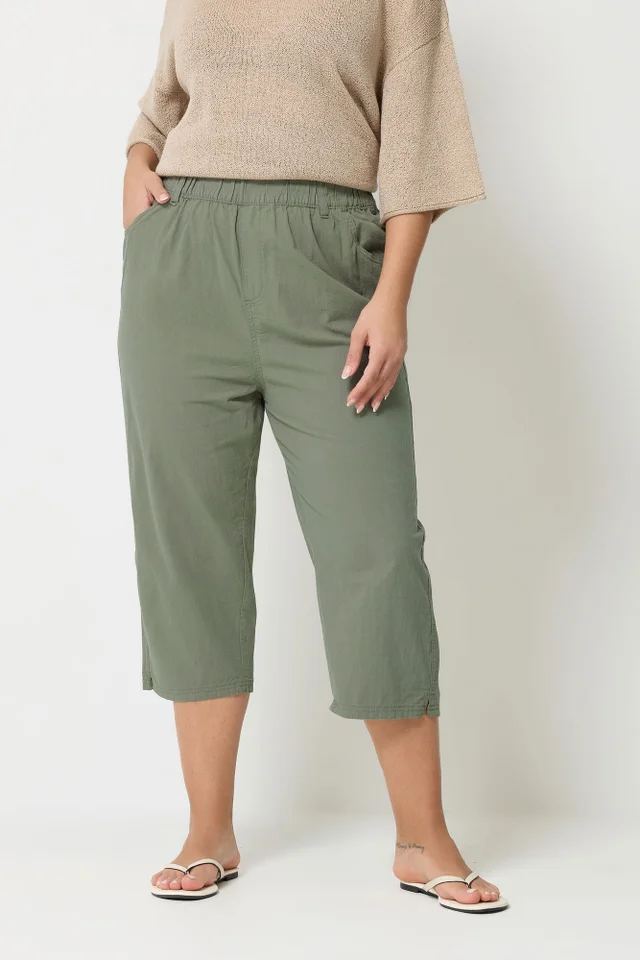 Yours Curve Green Khaki Cool Cotton Cropped Trousers
