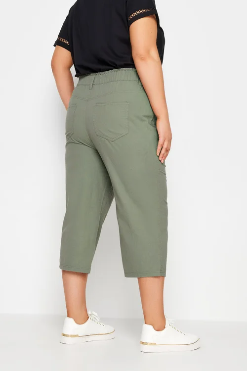 Yours Curve Green Khaki Cool Cotton Cropped Trousers - 34-36 Image 3