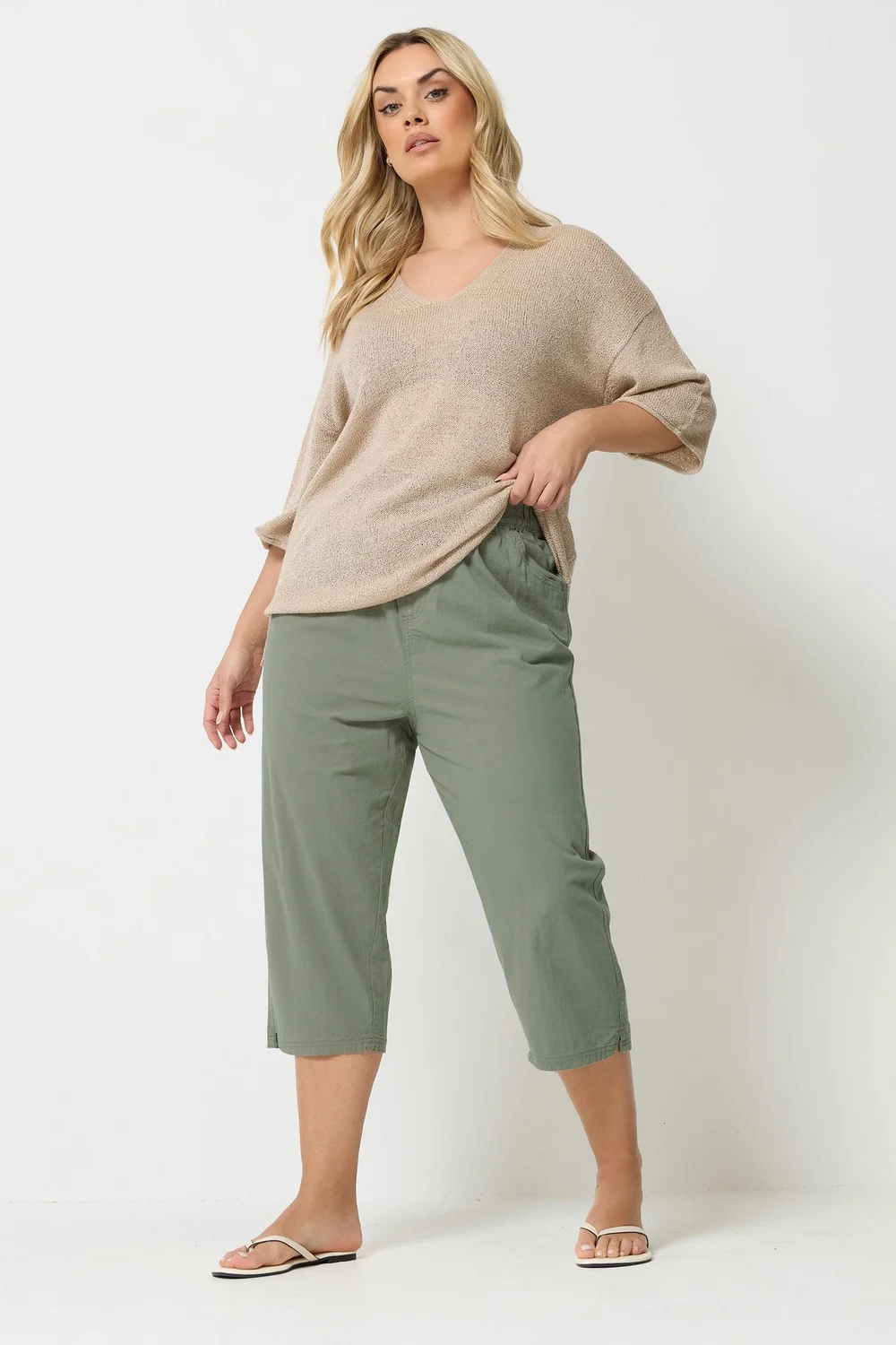 Yours Curve Green Khaki Cool Cotton Cropped Trousers - 22-24 Image 2