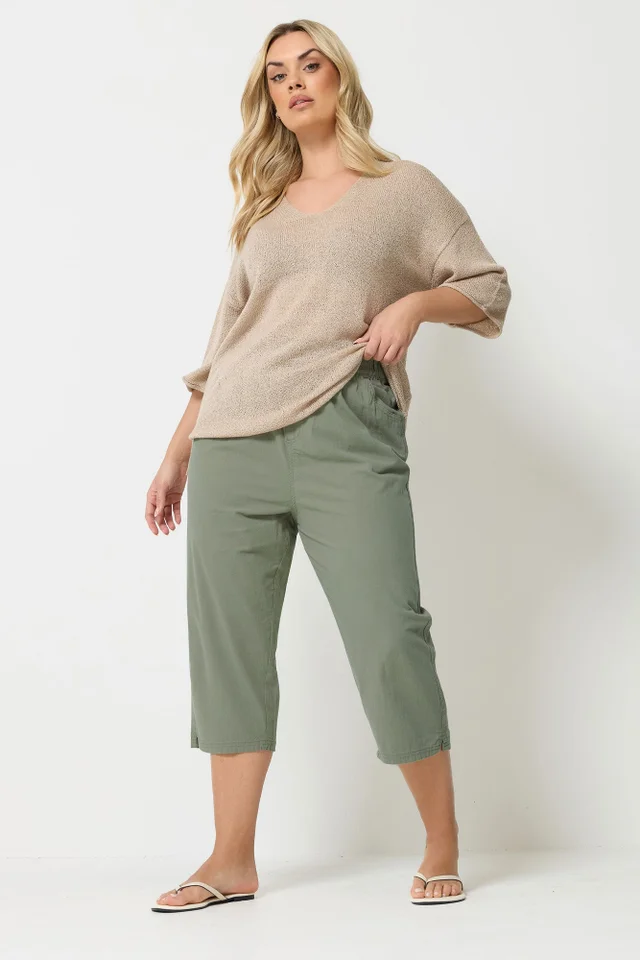 Yours Curve Green Khaki Cool Cotton Cropped Trousers
