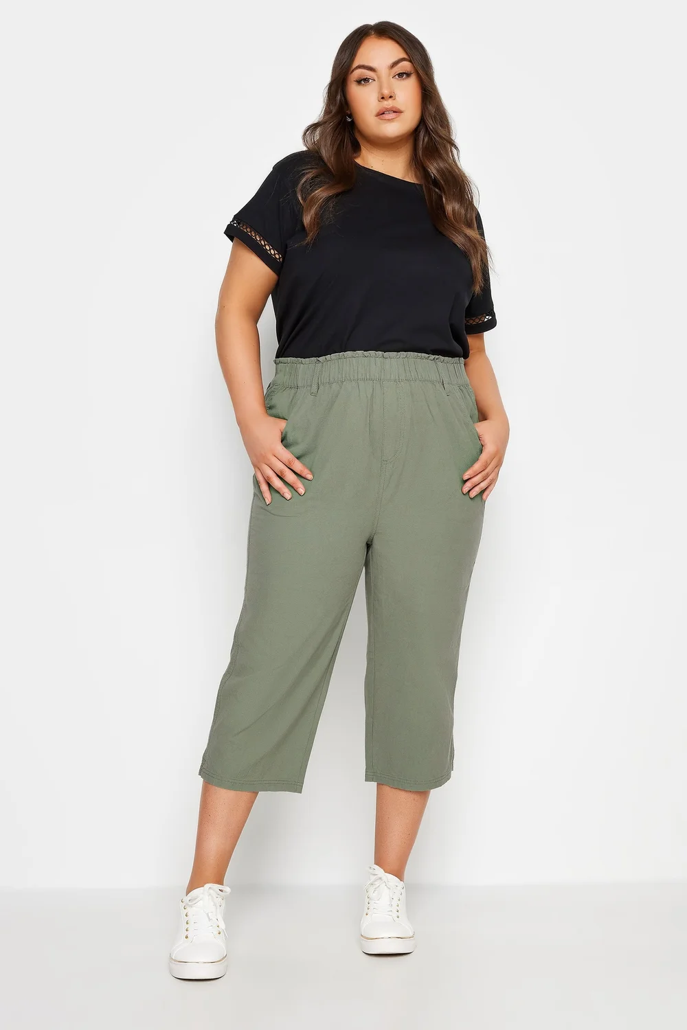 Yours Curve Green Khaki Cool Cotton Cropped Trousers - 34-36 Image 2