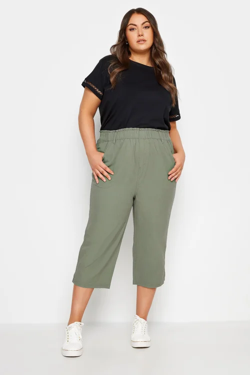 Yours Curve Green Khaki Cool Cotton Cropped Trousers - 34-36 Image 2