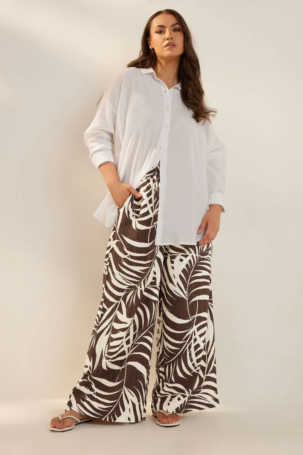 Yours Curve Brown Palm Print Textured Wide Leg Trousers - 16 Image 2