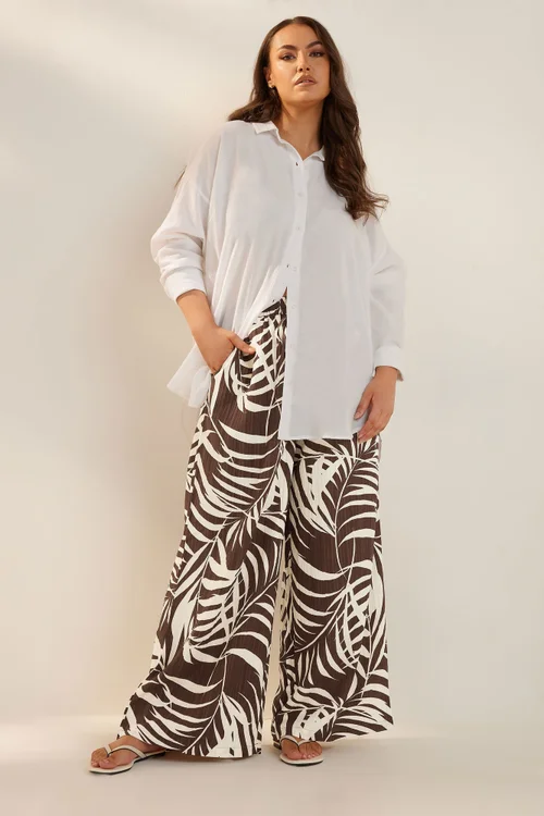 Yours Curve Brown Palm Print Textured Wide Leg Trousers - 16 Image 2