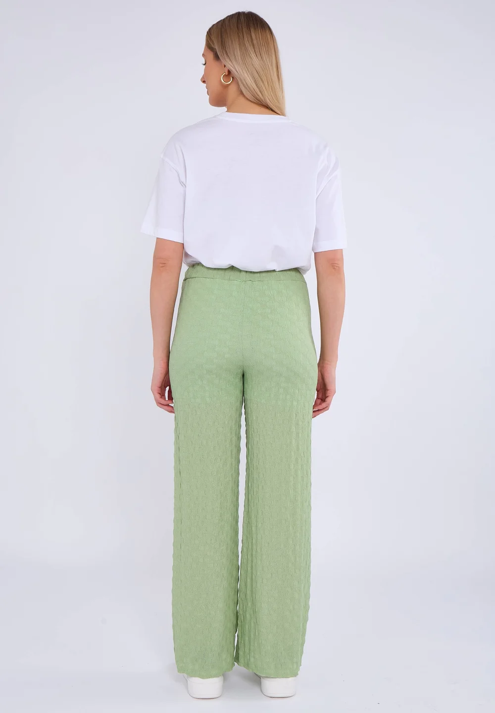 Gini London Sage Green Textured Elasticated Waist Flared Trousers - M/L Image 2