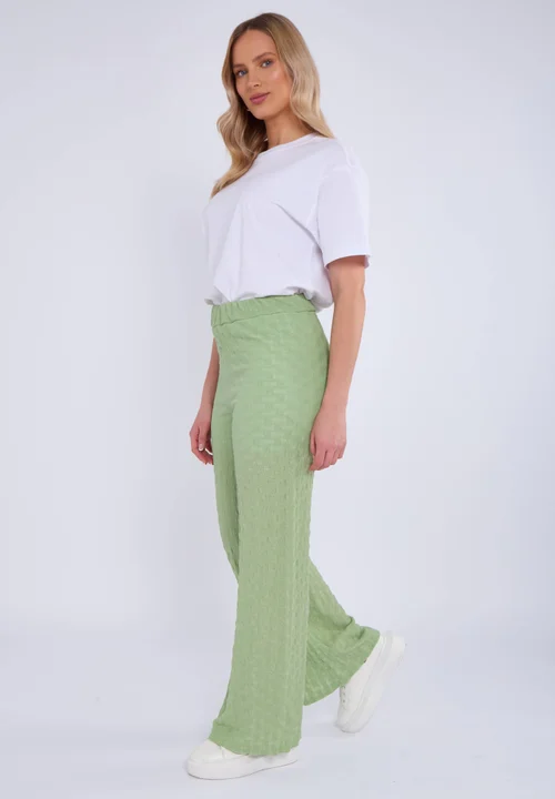 Gini London Sage Green Textured Elasticated Waist Flared Trousers - M/L Image 4