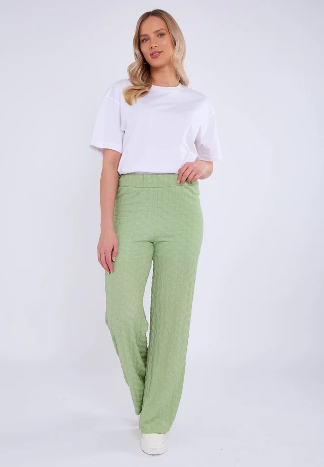 Gini London Sage Green Textured Elasticated Waist Flared Trousers