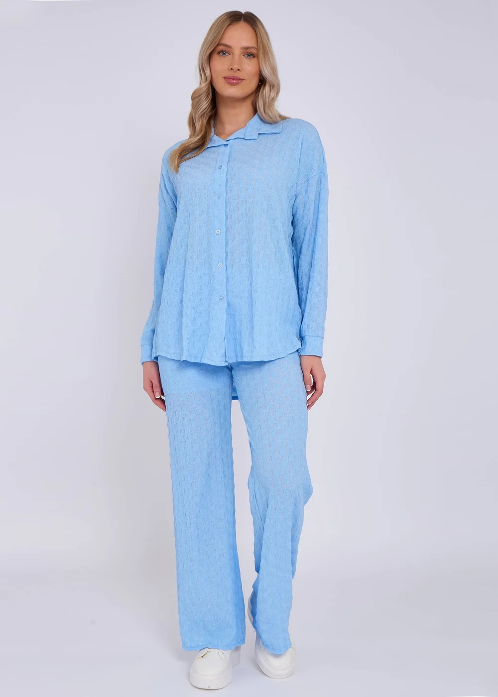 Gini London Sky Blue Textured Oversized Long Sleeves Shirt - L/XL Image 1