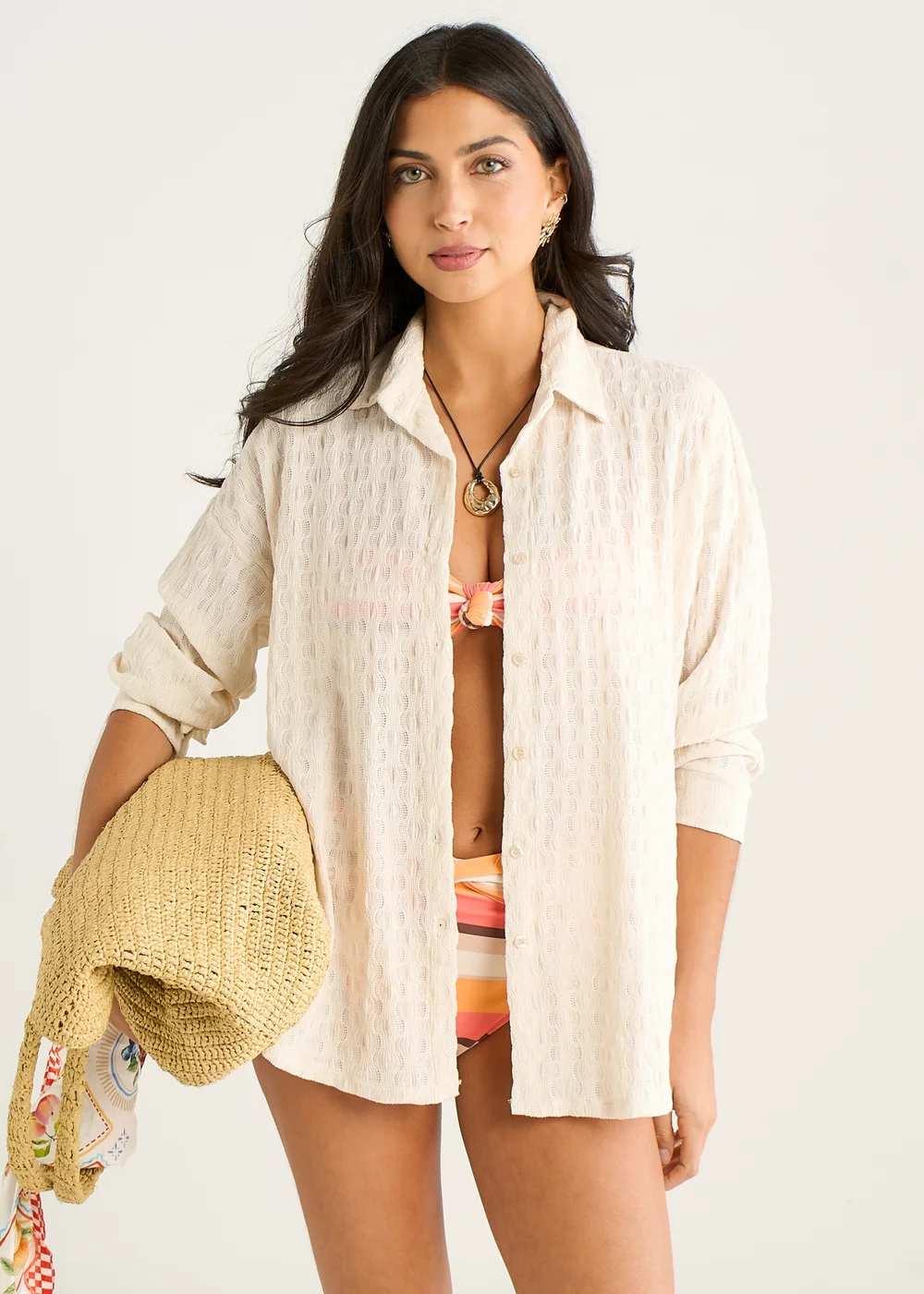 Gini London Beige Textured Oversized Long Sleeves Shirt - M/L Image 1