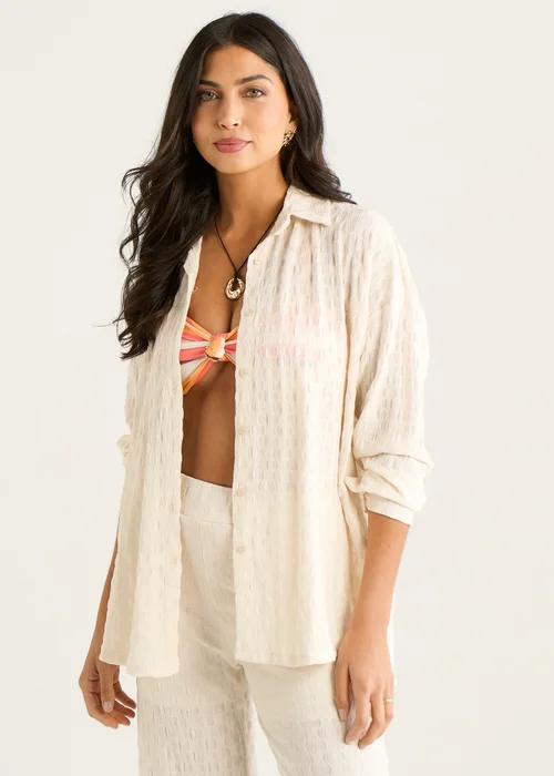 Gini London Beige Textured Oversized Long Sleeves Shirt - M/L Image 4
