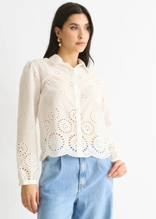 Gini London White Cotton Broderie Scallop Boxy Shirt Sequin V Neck Cami Top - 12 Image 4