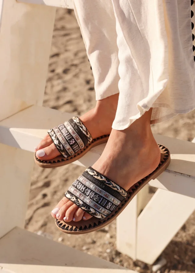 Linzi Carel Black Woven Embellished Flat Sandals