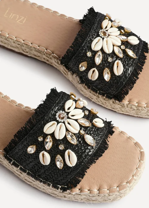 Linzi Seaside Black Raffia Shell Embellished Flat Slider - Size 4 Image 4