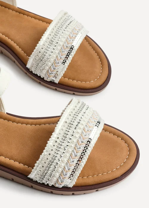 Linzi Topaz Wide Fit White Raffia Embellished Flat Sandals - Size 7 Adults Footwear Image 4