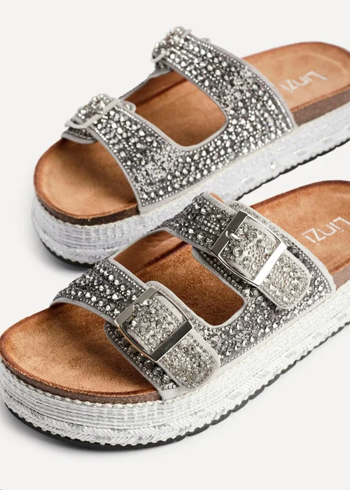 Linzi Glitzy Silver Diamante Double Buckle Flatform Slider Sandal - 627 Image 4