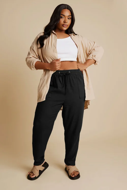 Yours Curve Black Linen Tie Front Joggers - 20 Image 2