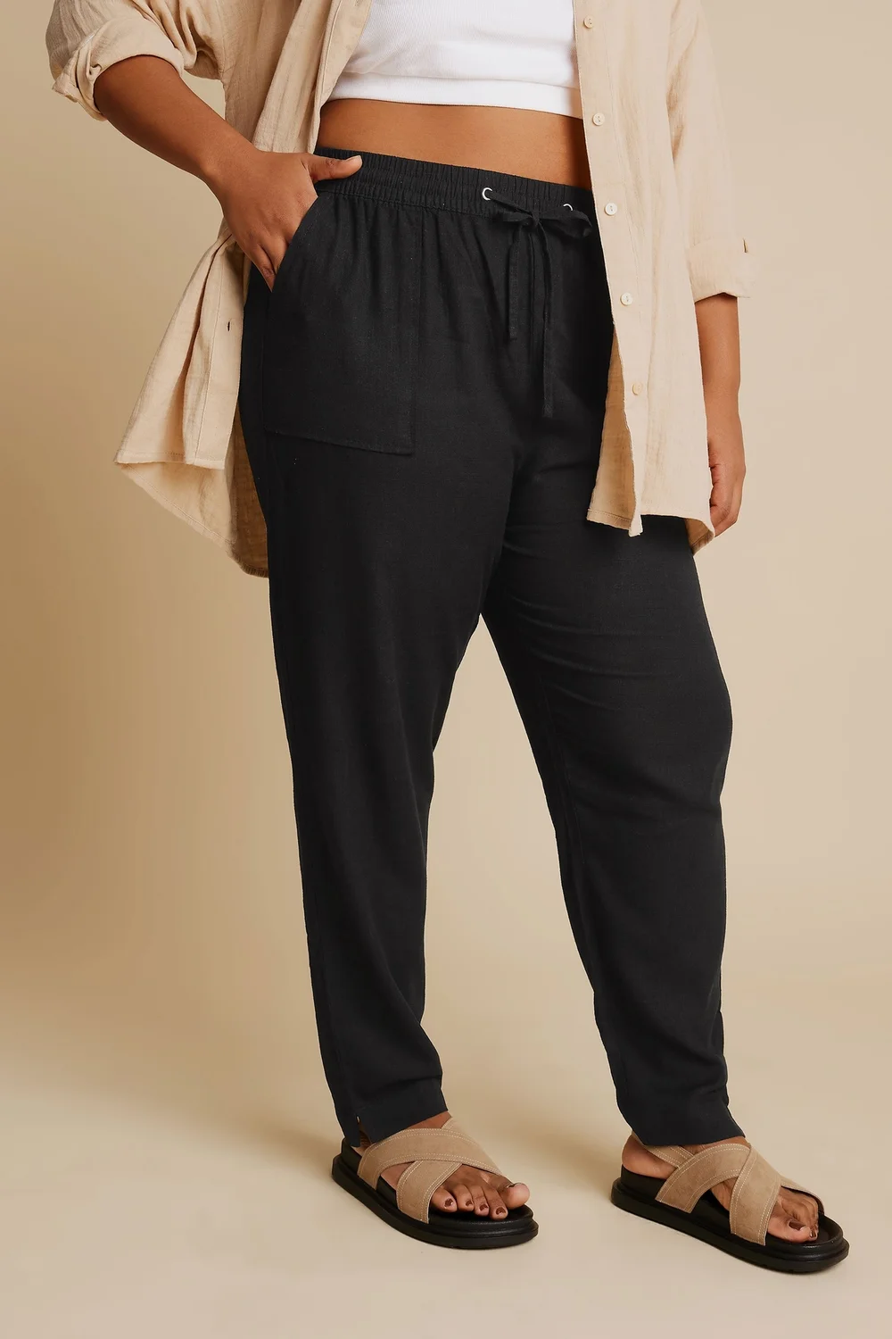 Yours Curve Black Linen Tie Front Joggers - 20 Image 1