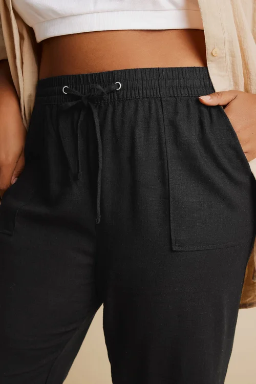 Yours Curve Black Linen Tie Front Joggers - 20 Image 4