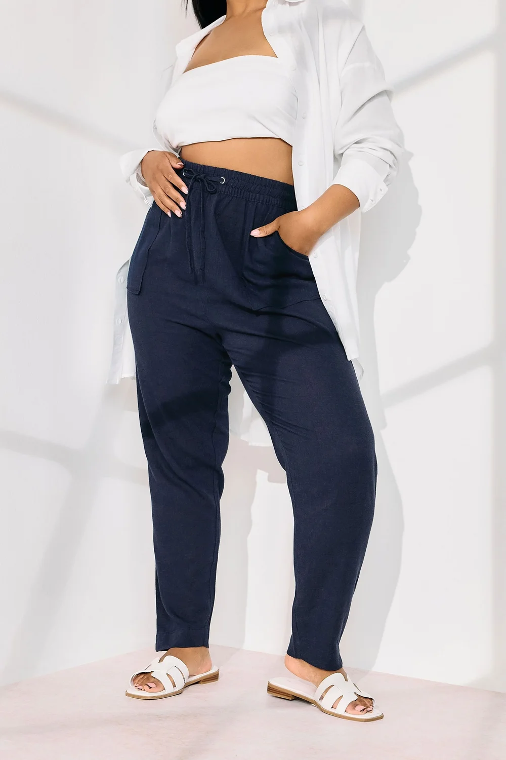 Yours Curve Navy Blue Linen Tie Front Joggers - 18 Image 2