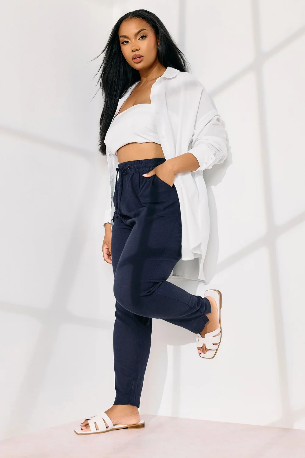 Yours Curve Navy Blue Linen Tie Front Joggers - 18 Image 1