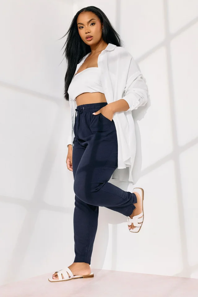 Yours Curve Navy Blue Linen Tie Front Joggers