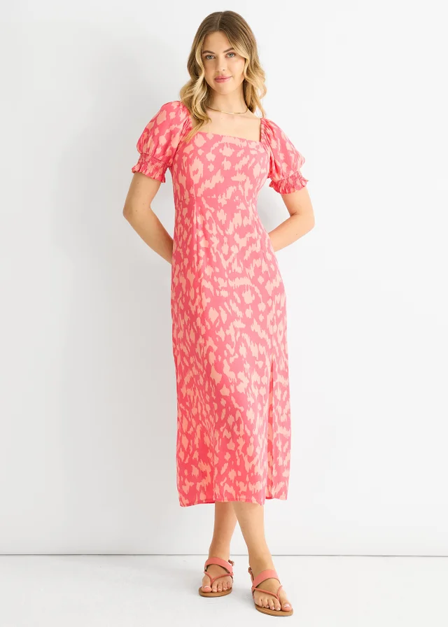 Gini London Pink Animal Print Square Neck Viscose Midi Dress
