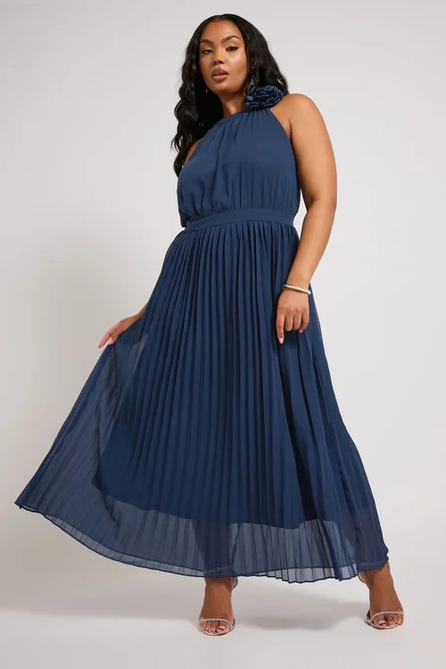 Yours London Curve Navy Blue Corsage Detail Pleated Maxi Dress - 22 Image 1