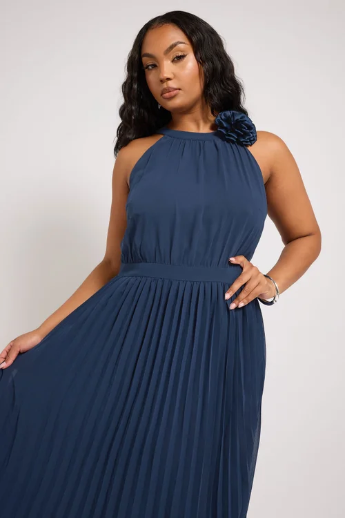 Yours London Curve Navy Blue Corsage Detail Pleated Maxi Dress - 22 Image 4