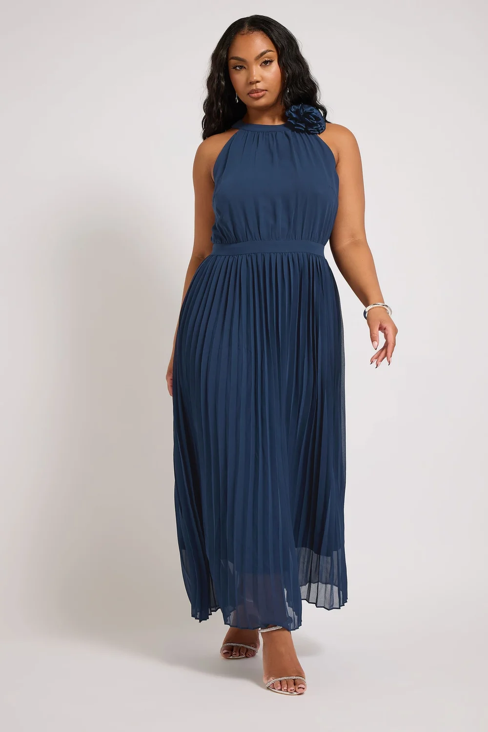 Yours London Curve Navy Blue Corsage Detail Pleated Maxi Dress - 22 Image 2