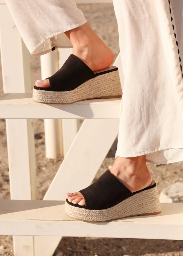 Linzi Espresso Black Faux Suede Espadrille Inspired Mule Wedges