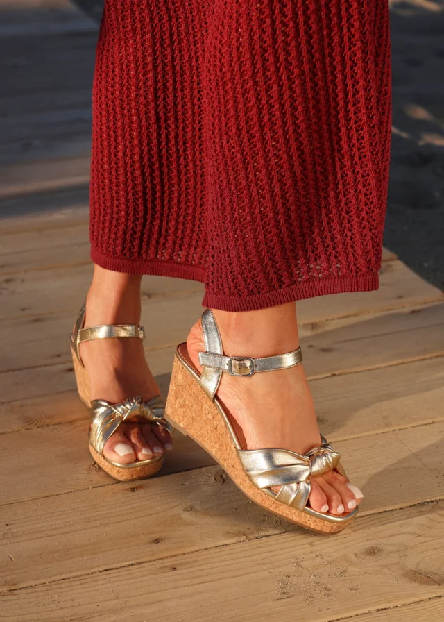 Linzi Elyah Gold Faux Leather Cork Wedge