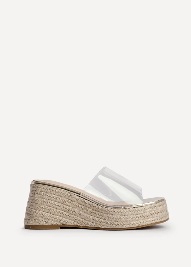 Linzi Clear Espresso Perspex Espadrille Inspired Mule Wedges