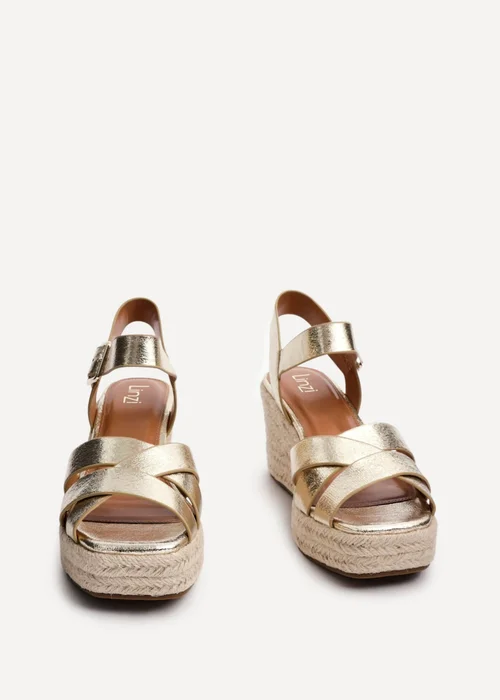 Linzi Sheena Gold Faux Leather Crossover Espadrille Platform Wedge - Size 6 Image 3